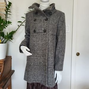 Zara gringham black+white mock neck button up collar pea coat size XL